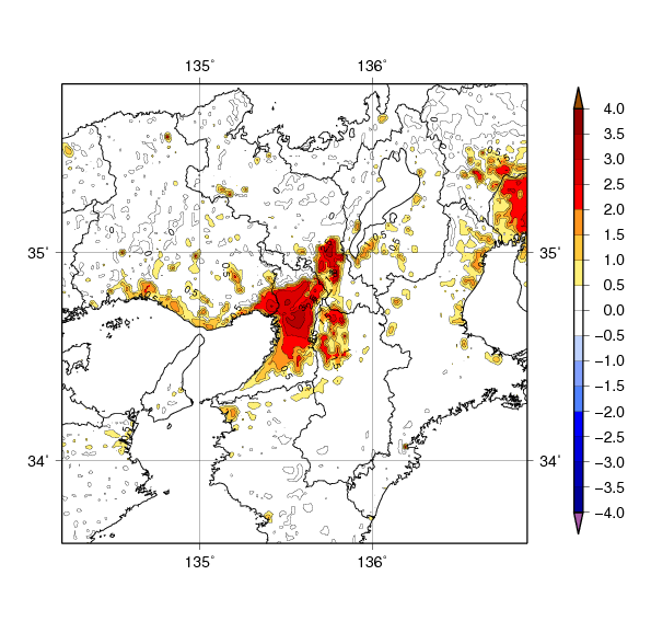 近畿地方における9年間（2010～2018年）平均した1月の都市化の影響による平均気温の変化