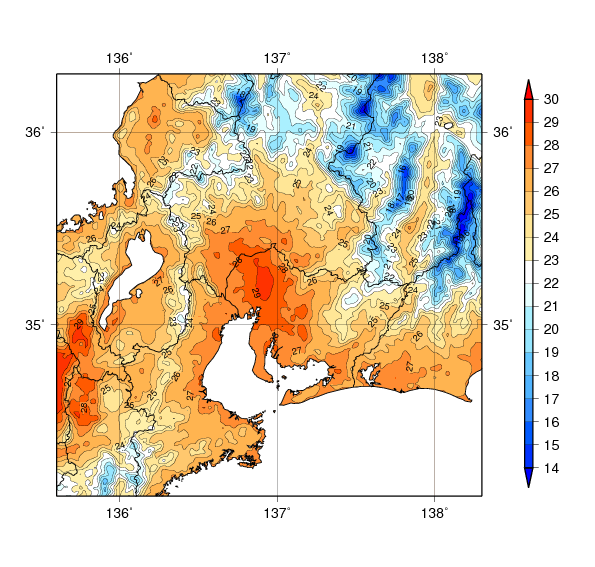 東海地方における9年間（2009～2017年）平均した8月の平均気温