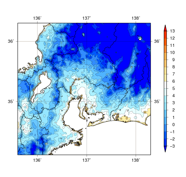 東海地方における9年間（2010～2018年）平均した1月の平均気温