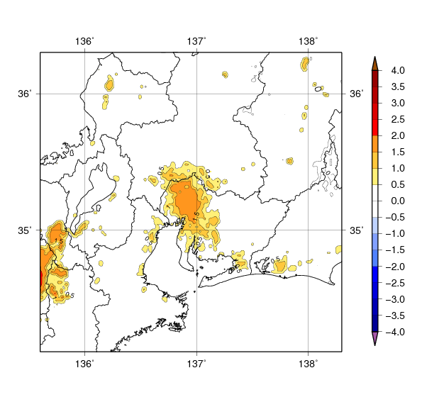 東海地方における9年間（2009～2017年）平均した8月の都市化の影響による平均気温の変化