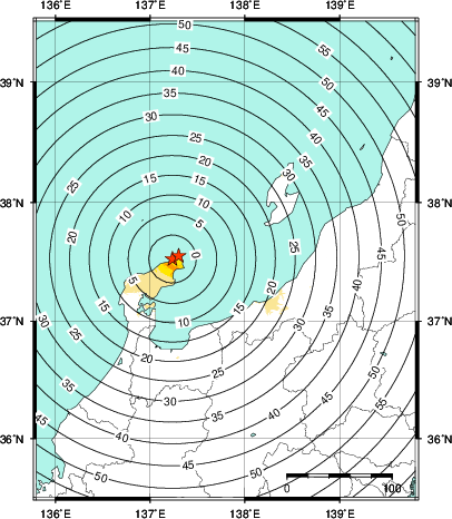 緊急地震速報第1報提供から主要動到達までの時間及び推計震度分布図