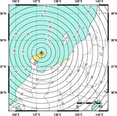 緊急地震速報第1報提供から主要動到達までの時間及び推計震度分布図