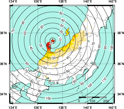 緊急地震速報第1報提供から主要動到達までの時間及び推計震度分布図