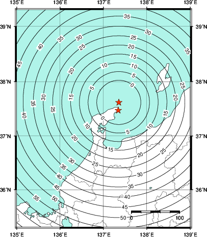 緊急地震速報第1報提供から主要動到達までの時間及び推計震度分布図