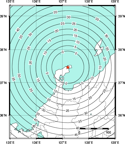 緊急地震速報第1報提供から主要動到達までの時間及び推計震度分布図