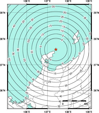 緊急地震速報第1報提供から主要動到達までの時間及び推計震度分布図