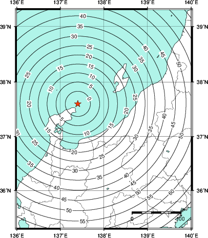 緊急地震速報第1報提供から主要動到達までの時間及び推計震度分布図