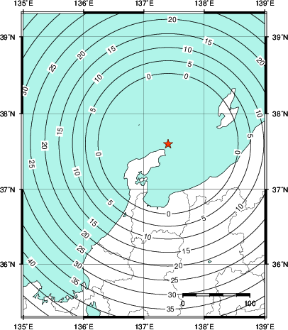 緊急地震速報第1報提供から主要動到達までの時間及び推計震度分布図