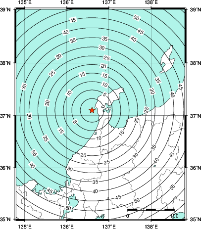 緊急地震速報第1報提供から主要動到達までの時間及び推計震度分布図