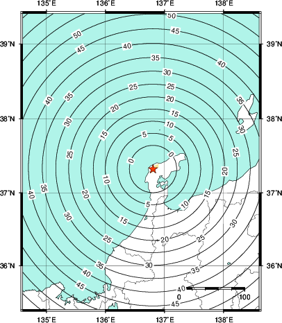 緊急地震速報第1報提供から主要動到達までの時間及び推計震度分布図