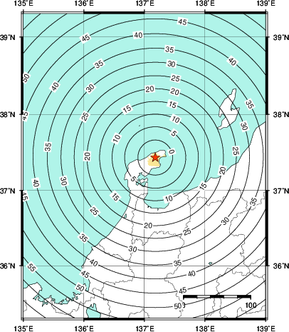 緊急地震速報第1報提供から主要動到達までの時間及び推計震度分布図