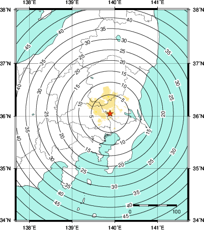 緊急地震速報第1報提供から主要動到達までの時間及び推計震度分布図