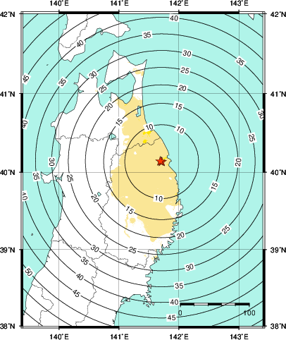 緊急地震速報第1報提供から主要動到達までの時間及び推計震度分布図