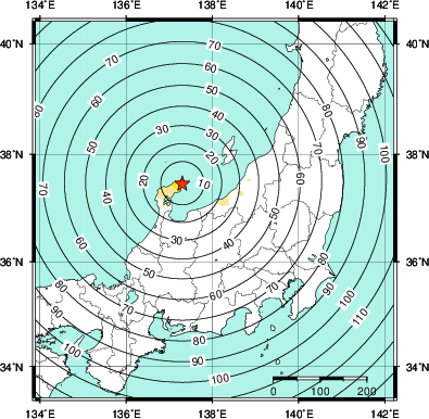 緊急地震速報第1報提供から主要動到達までの時間及び推計震度分布図