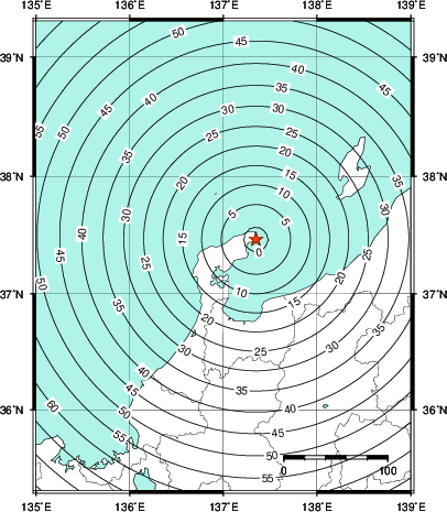 緊急地震速報第1報提供から主要動到達までの時間及び推計震度分布図