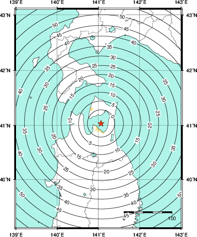 緊急地震速報第1報提供から主要動到達までの時間及び推計震度分布図