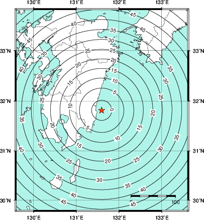 緊急地震速報第1報提供から主要動到達までの時間及び推計震度分布図