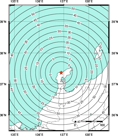 緊急地震速報第1報提供から主要動到達までの時間及び推計震度分布図