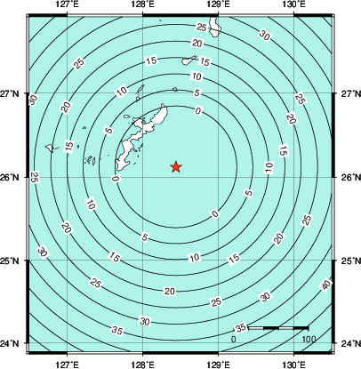 緊急地震速報第1報提供から主要動到達までの時間及び推計震度分布図