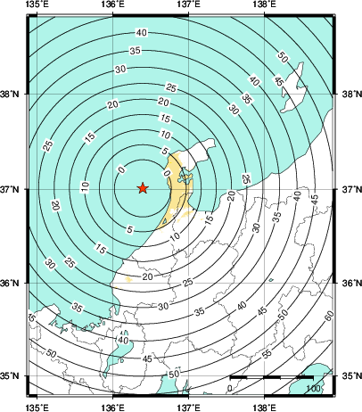 緊急地震速報第1報提供から主要動到達までの時間及び推計震度分布図