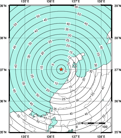 緊急地震速報第1報提供から主要動到達までの時間及び推計震度分布図