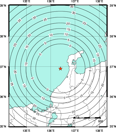 緊急地震速報第1報提供から主要動到達までの時間及び推計震度分布図