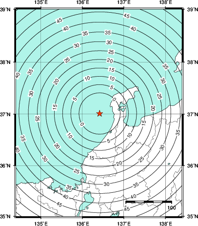 緊急地震速報第1報提供から主要動到達までの時間及び推計震度分布図