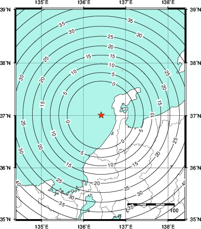 緊急地震速報第1報提供から主要動到達までの時間及び推計震度分布図