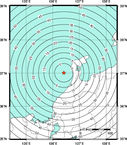 緊急地震速報第1報提供から主要動到達までの時間及び推計震度分布図