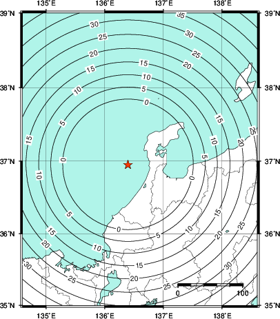 緊急地震速報第1報提供から主要動到達までの時間及び推計震度分布図