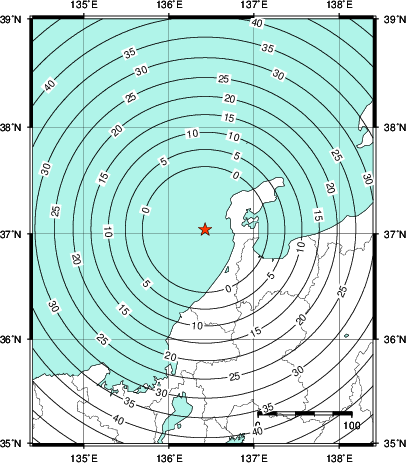 緊急地震速報第1報提供から主要動到達までの時間及び推計震度分布図