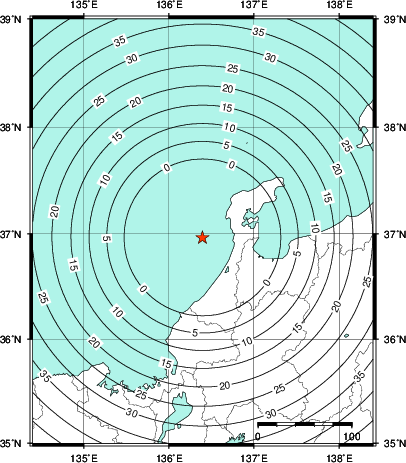 緊急地震速報第1報提供から主要動到達までの時間及び推計震度分布図