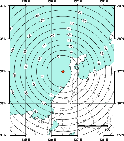 緊急地震速報第1報提供から主要動到達までの時間及び推計震度分布図