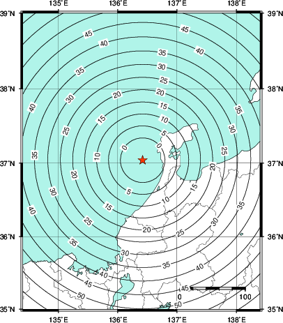 緊急地震速報第1報提供から主要動到達までの時間及び推計震度分布図