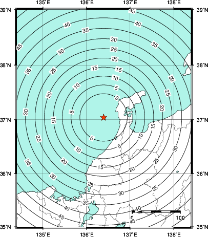 緊急地震速報第1報提供から主要動到達までの時間及び推計震度分布図