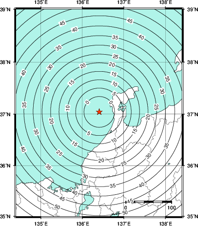 緊急地震速報第1報提供から主要動到達までの時間及び推計震度分布図