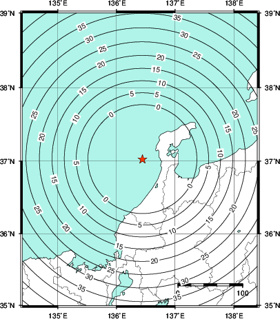 緊急地震速報第1報提供から主要動到達までの時間及び推計震度分布図