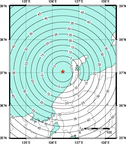 緊急地震速報第1報提供から主要動到達までの時間及び推計震度分布図