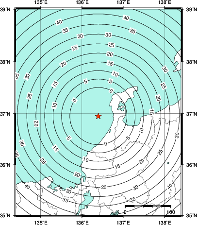 緊急地震速報第1報提供から主要動到達までの時間及び推計震度分布図