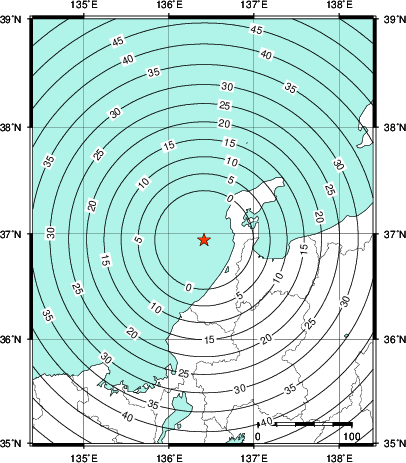 緊急地震速報第1報提供から主要動到達までの時間及び推計震度分布図