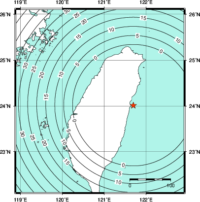 緊急地震速報第1報提供から主要動到達までの時間及び推計震度分布図