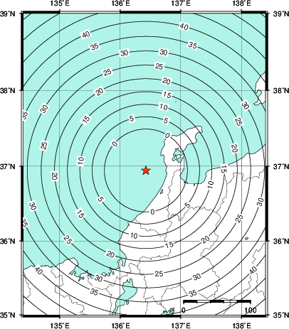 緊急地震速報第1報提供から主要動到達までの時間及び推計震度分布図