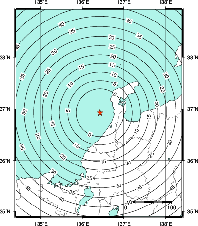 緊急地震速報第1報提供から主要動到達までの時間及び推計震度分布図