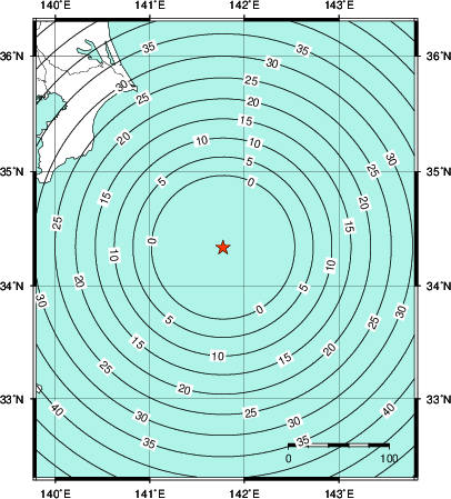 緊急地震速報第1報提供から主要動到達までの時間及び推計震度分布図