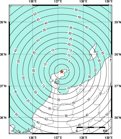 緊急地震速報第1報提供から主要動到達までの時間及び推計震度分布図