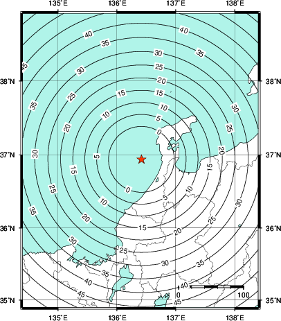 緊急地震速報第1報提供から主要動到達までの時間及び推計震度分布図