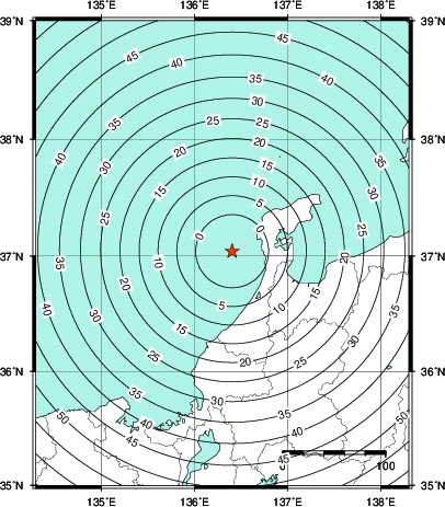 緊急地震速報第1報提供から主要動到達までの時間及び推計震度分布図