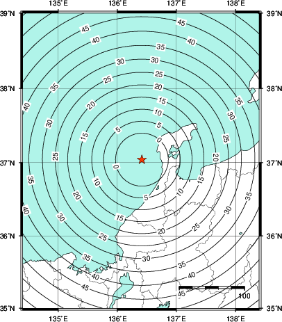 緊急地震速報第1報提供から主要動到達までの時間及び推計震度分布図