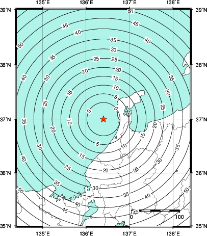 緊急地震速報第1報提供から主要動到達までの時間及び推計震度分布図