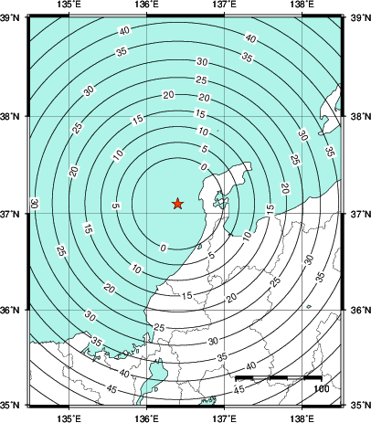 緊急地震速報第1報提供から主要動到達までの時間及び推計震度分布図